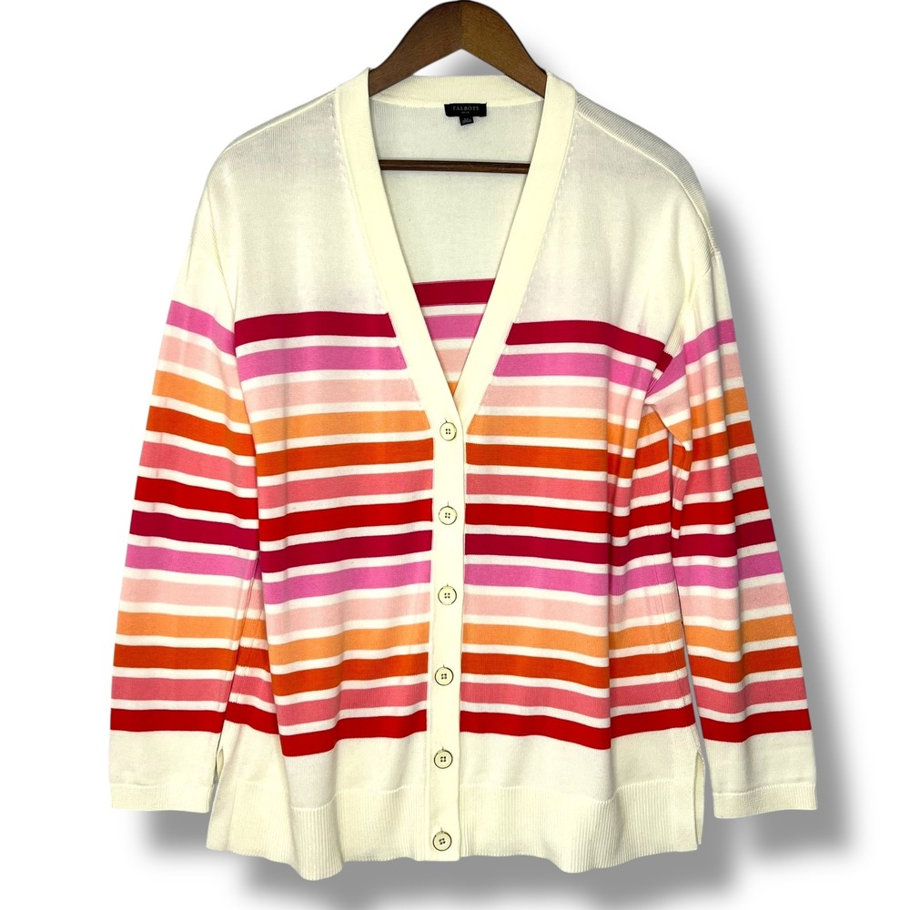 Talbots Petite Cardigan Sweater LP Striped Button Front Cream Pink Rainbow Prep